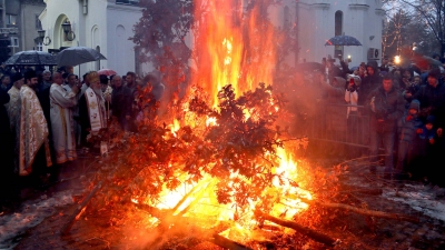 Yule Log Burnt in Front of the Saint Sava Church